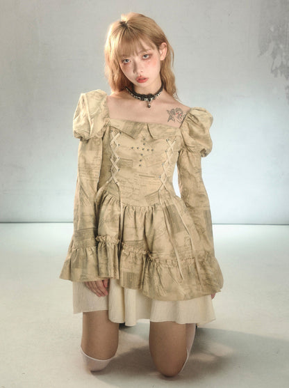 Romantic Punk Print Riveted Cross Lace Regular Cake Puff Sleeve Dress