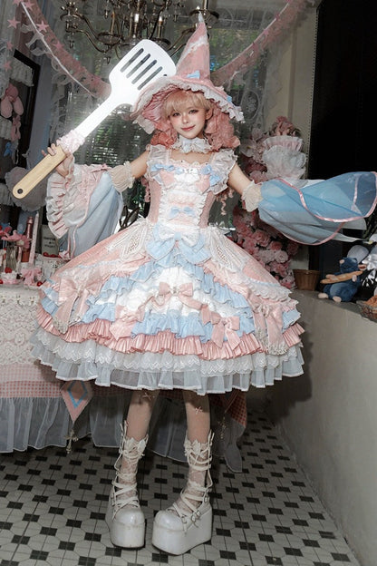 [Cierre de reserva el 14 de septiembre] Conjunto completo Fantasy Sweet Witch de vestido JSK cruzado + cola con lazo grande + capa con capucha + mangas desmontables + sombrero de bruja + mangas exteriores