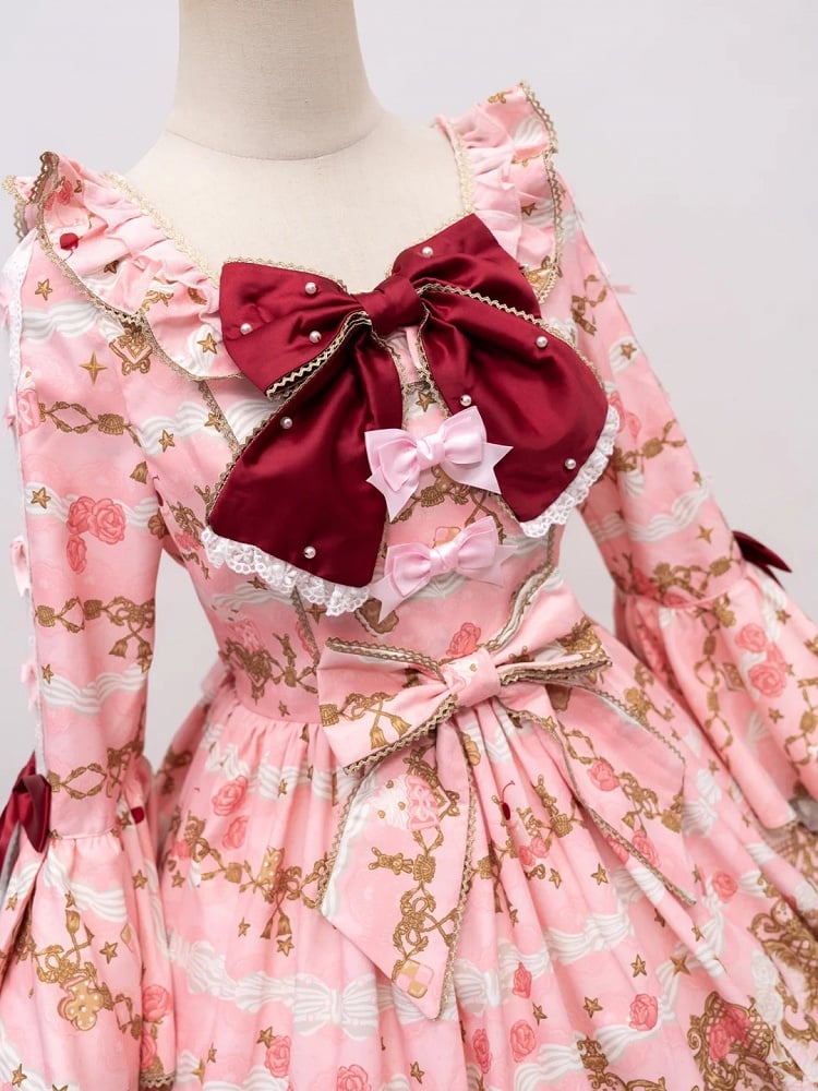 【4月26日予約締切】レトロロマンスイートロリータリボンケーキプリントゴージャス姫袖ドレス