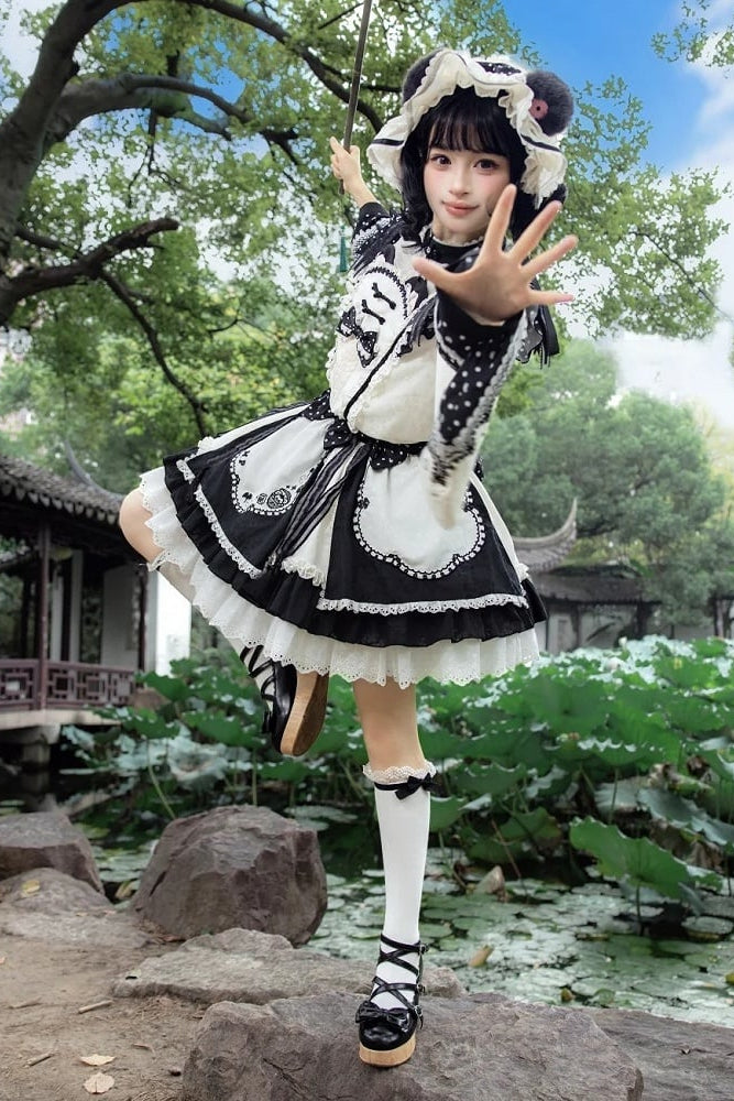 [Pre-order Deadline: October 25] Pink/White/Green Chinoiserie Lolita Sweet Panda Polka Dot Lace Apron Ruffle OP Dress