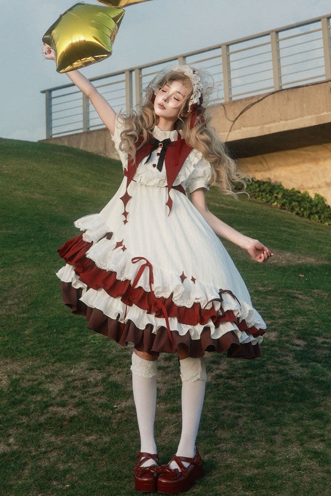 【8月29日予約締切】White x Burgundy / Blue x Black Gothic Doll Lolita Witch Asymmetrical Ruffle Dress Full Set （with Pointed Collar + Bow Tie + Waist Belt）