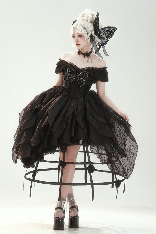 【10月28日予約締切】Black Butterfly Gothic Lolita Puff Sleeve Dress Top + Layered Ruffle Asymmetrical Hem Skirt Set (With Chest Brooch + Waist Brooch)