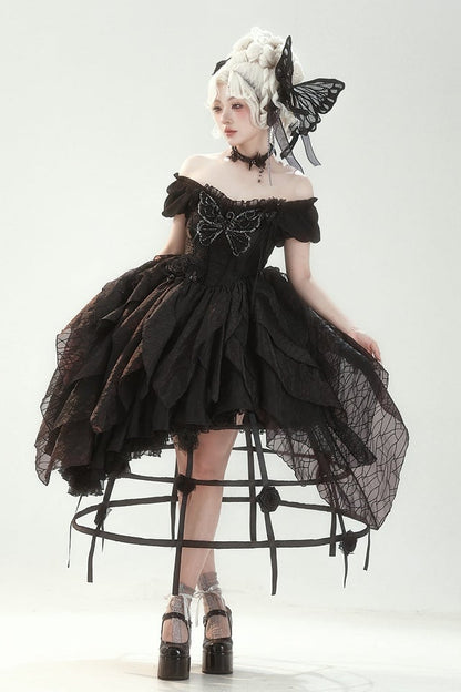 【10月28日予約締切】Black Butterfly Gothic Lolita Puff Sleeve Dress Top + Layered Ruffle Asymmetrical Hem Skirt Set (With Chest Brooch + Waist Brooch)