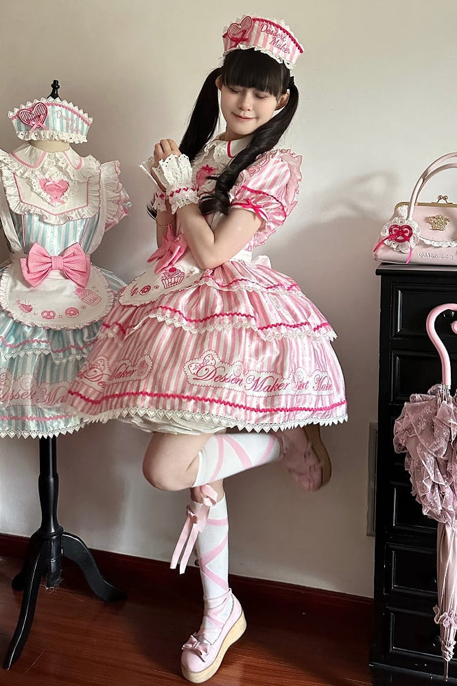 【6月18日予約締切】ピンク/ ブルー/ブラックスイートメイドロリータキャンディストライプティアードドレス＋ドレスセット1/2/3