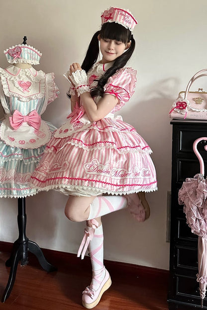 【6月18日予約締切】ピンク/ ブルー/ブラックスイートメイドロリータキャンディストライプティアードドレス＋ドレスセット1/2/3