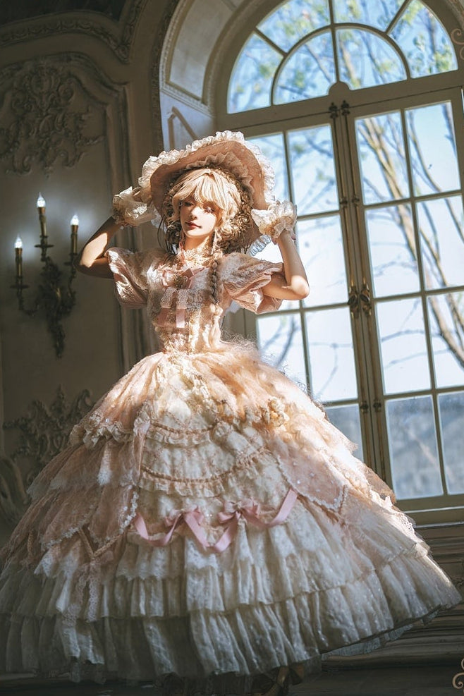 【9月10日予約締切】Pink/Blue Rococo Fantasy Puff Sleeve Ribbon Tiered Princess Lolita Dress Bridal＋Full set[Op Dress + Feather Hat + Choker + Back Ribbon Train + Lace Gloves]