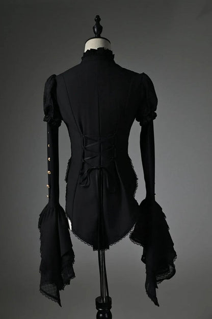 [Pre-order Deadline: July 25] Black/White Gothic Lolita Elegant Ruffle High-Neck Bell-Sleeve Lace Ruffle Shirt