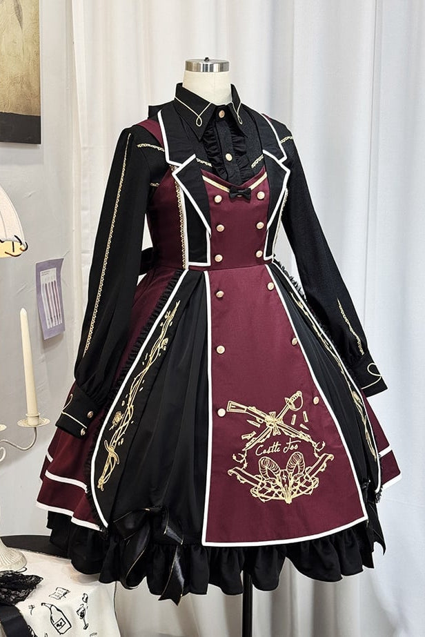 【6月28日予約締切】レッドブラック/ブルーブラックダークロリータゴールドエンブロイダリーテーラーカラーJKSドレス＋ネクタイ＋ウエストバッグ付きベルト