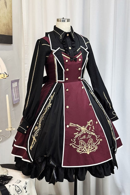 【6月28日予約締切】レッドブラック/ブルーブラックダークロリータゴールドエンブロイダリーテーラーカラーJKSドレス＋ネクタイ＋ウエストバッグ付きベルト