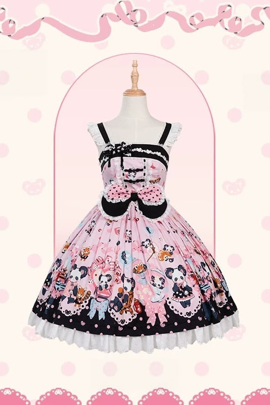 [Pre-order Deadline: October 25] Pink/Green Chinoiserie Lolita Sweet Panda Ear Bow High-Waist Tiered JSK Dress + Bow-Waist Panda Print Dress