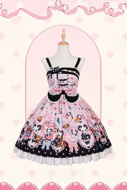 [Pre-order Deadline: October 25] Pink/Green Chinoiserie Lolita Sweet Panda Ear Bow High-Waist Tiered JSK Dress + Bow-Waist Panda Print Dress