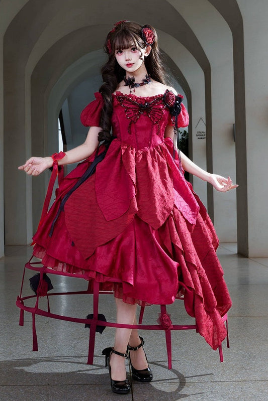 【10月28日予約締切】Red Butterfly Gothic Lolita Puff Sleeve Dress Top + Layered Ruffle Asymmetrical Hem Skirt Set (With Chest Brooch + Waist Brooch)