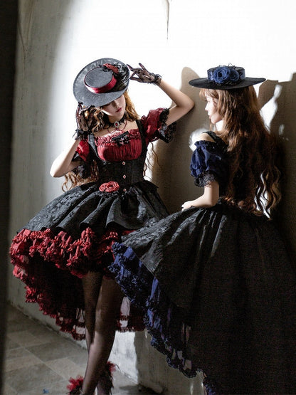 【4月28日预售截止】红蓝×黑色优雅哥特洛丽塔束身胸衣叠层JSK连衣裙+露肩蕾丝泡泡袖上衣