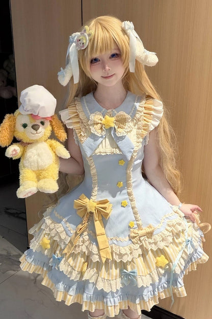 [Reservierungsschluss 22. Juni] Süßes Lolita-Stufenkleid in Pastell und Schwarz mit Sternen und Schleifen