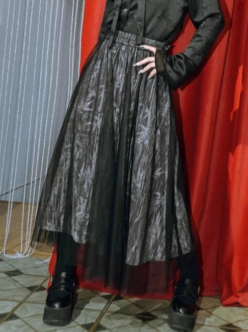 Mesh Layered Velvet China High Waist Jacquard Long Skirt