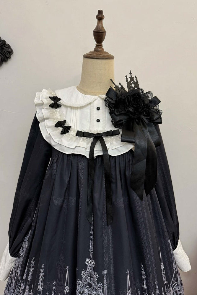 【10月13日予約締切】Gothic Lolita Black White Cathedral Series Accessories(Flat Hat, Crown Mini Hat, Sash, Back Ribbon Train, Waist Apron, Castle Flower Brooch, Brooch, Jabot)