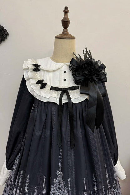 【10月13日予約締切】Gothic Lolita Black White Cathedral Series Accessories(Flat Hat, Crown Mini Hat, Sash, Back Ribbon Train, Waist Apron, Castle Flower Brooch, Brooch, Jabot)