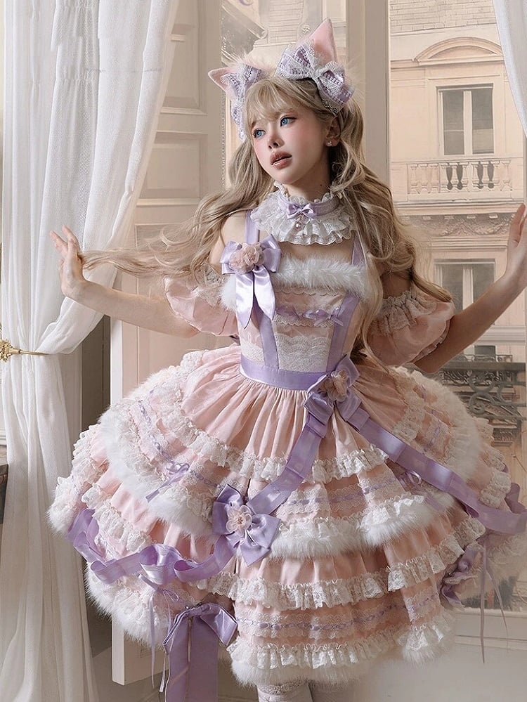 【12月26日予約締切】キャットファンタジーピンクパープルファーリボンティアードドレス＋猫耳ヘッドKC＋レースチョーカー