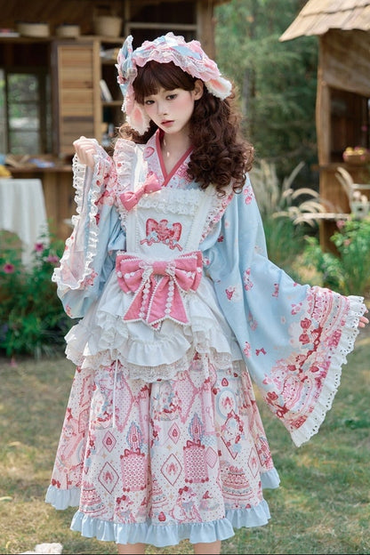 【10月21日予約締切】Pink/Blue Hanfu-inspired Little Lamb Tea Party Lace Wide Sleeve Blouse + Printed Ruffle Skirt + Pleated Mamian Skirt + Strawberry Embroidered Ribbon Lace Apron