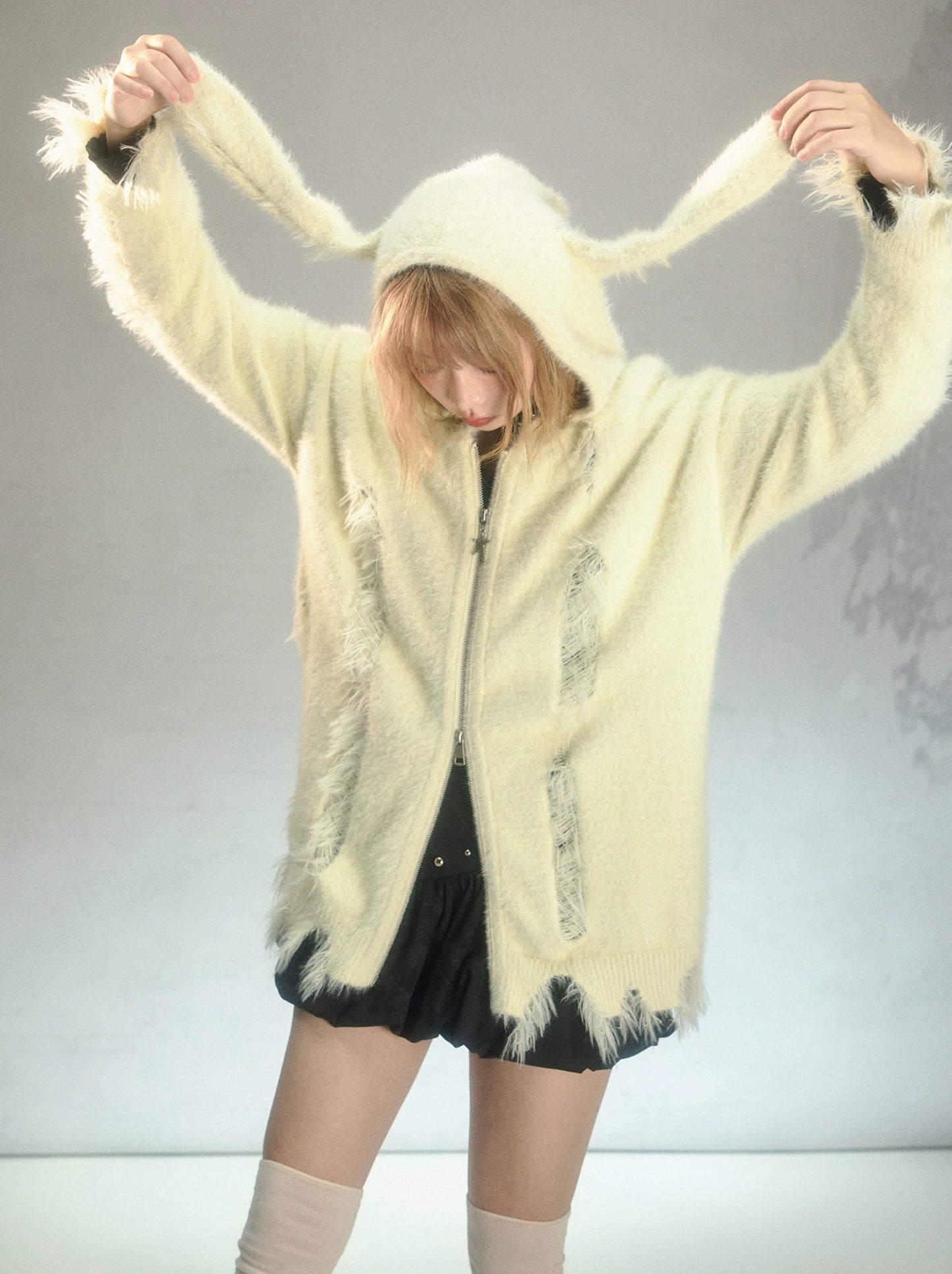 Bunny-Ear Hooded Ripped Shaggy Fur Knit Cardigan