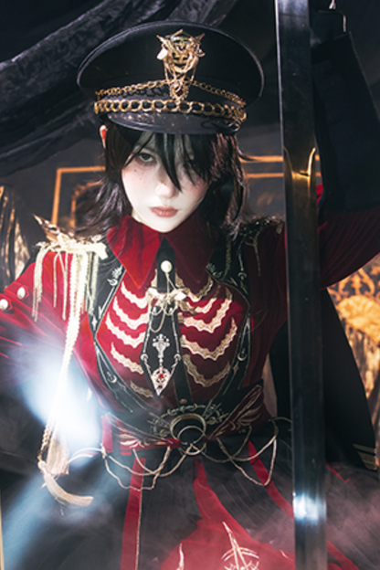 [Pre-order Deadline: November 16] Holy Army Red Black Embroidery Military Uniform Cape Dress Complete Set + Dress Set