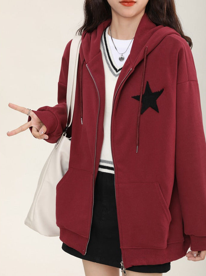 Star Zip Hooded Loose Sweatshirt Hoodie