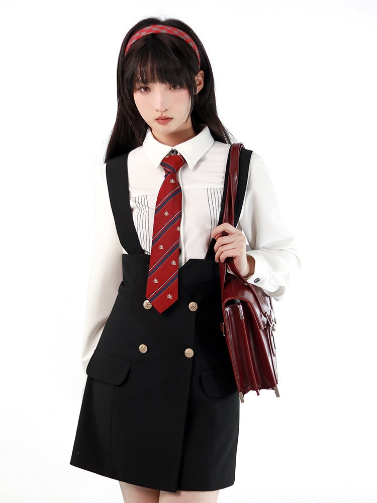 American High School Jacket Suspender Skirt + Cross Off-Shoulder Knit & Skirt