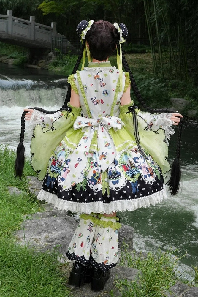 [Pre-order Deadline: October 25] Pink/Green Chinoiserie Lolita Sweet Panda Print Flutter Sleeve Lace Trim Dress + Detachable Flared Sleeves + Leg Covers