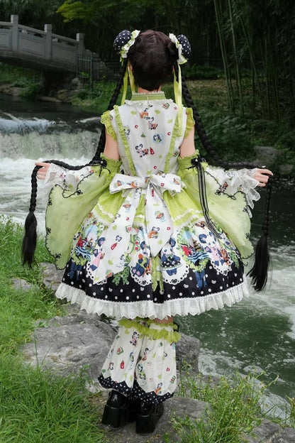[Pre-order Deadline: October 25] Pink/Green Chinoiserie Lolita Sweet Panda Print Flutter Sleeve Lace Trim Dress + Detachable Flared Sleeves + Leg Covers