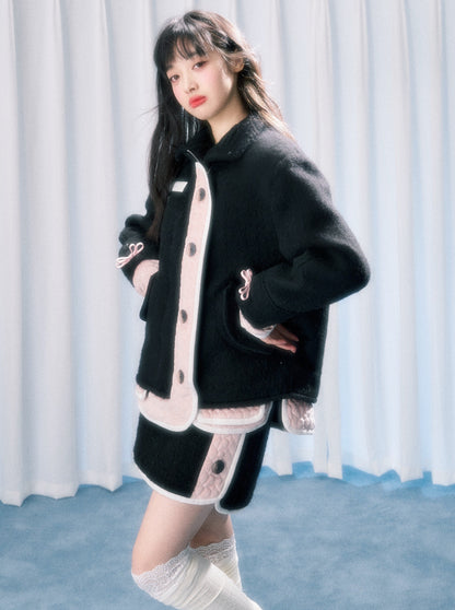 Stand collar cool jacket + college wool skirt