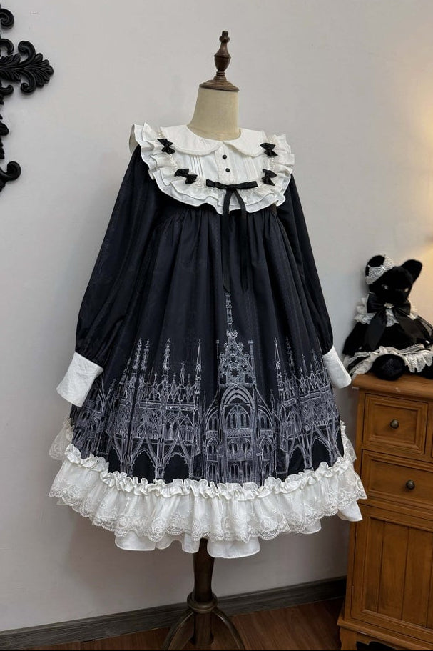 【10月13日予約締切】Gothic Doll Black White Cathedral Print Lace Trim Lolita Op Dress+ Full Dress Set (Flat Hat, Sash, Castle Flower Brooch)