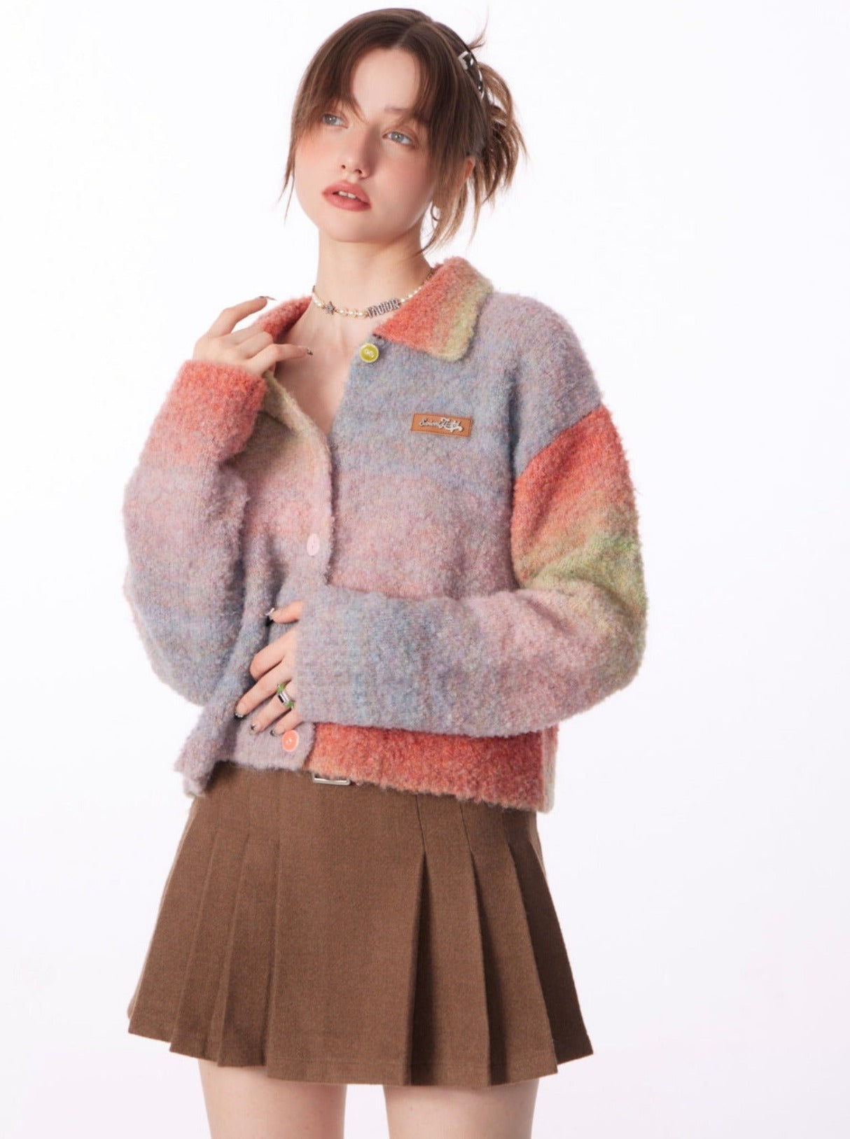 Gradient Polo Collar Soft Wax Wool Retro Cardigan