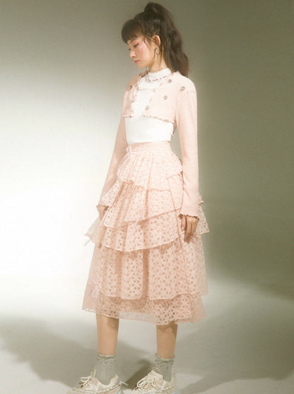 Lace Ribbon Asymmetrical Frilled Girly Long Skirt