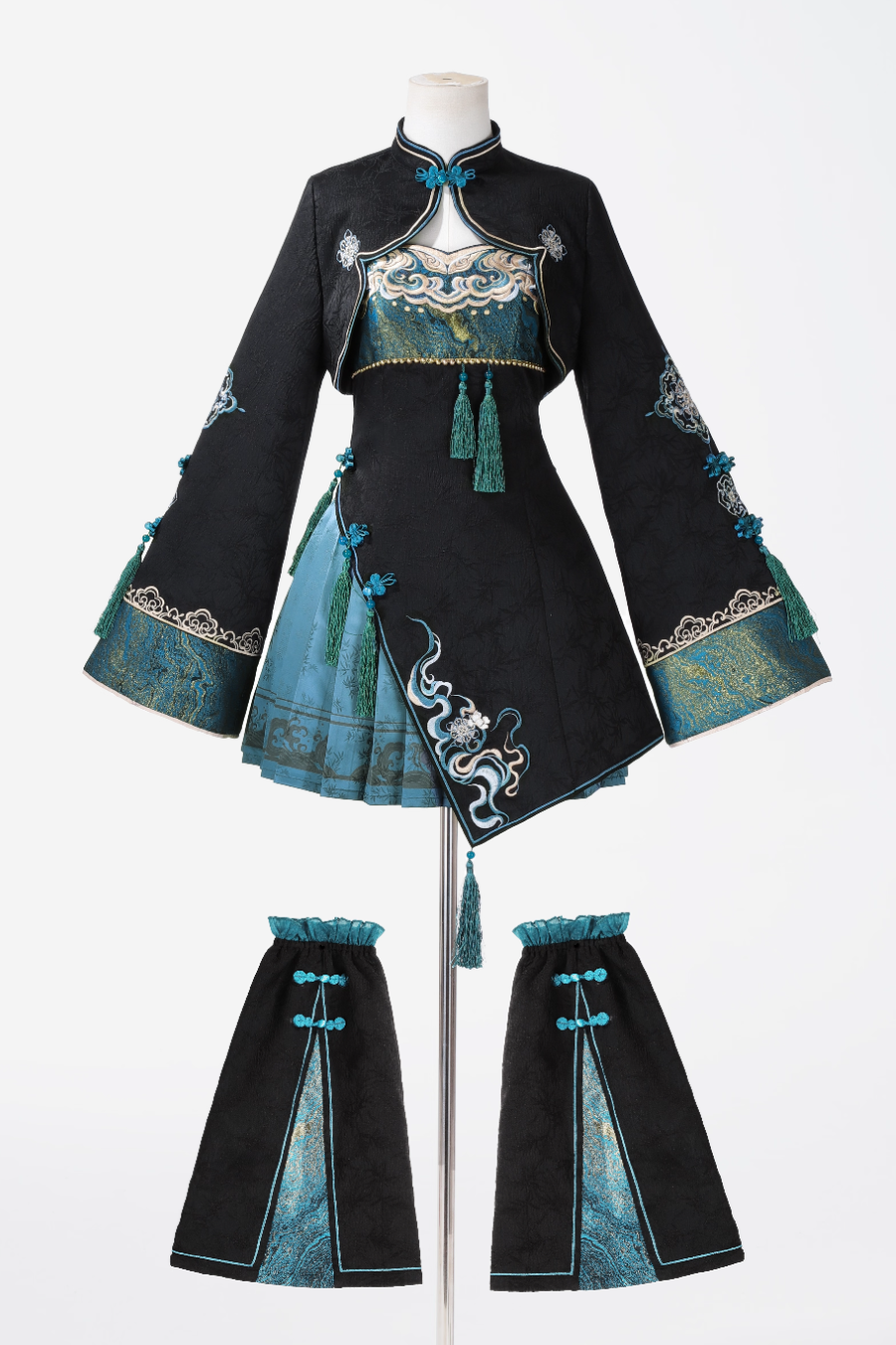 Cyberpunk Chinese-Style Lolita Top + Strapped Dress + Skirt + Leg Covers
