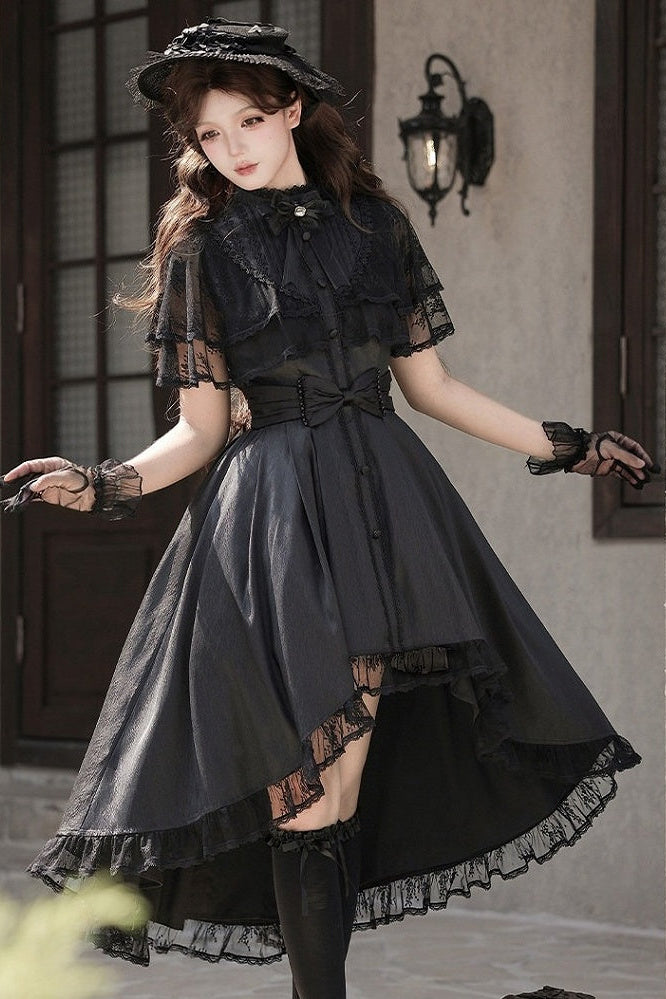 【10月8日予約締切】Black Classic Lolita Black Bow High-Low Dress(Sheer lace hem version / Plain satin frill hem version)