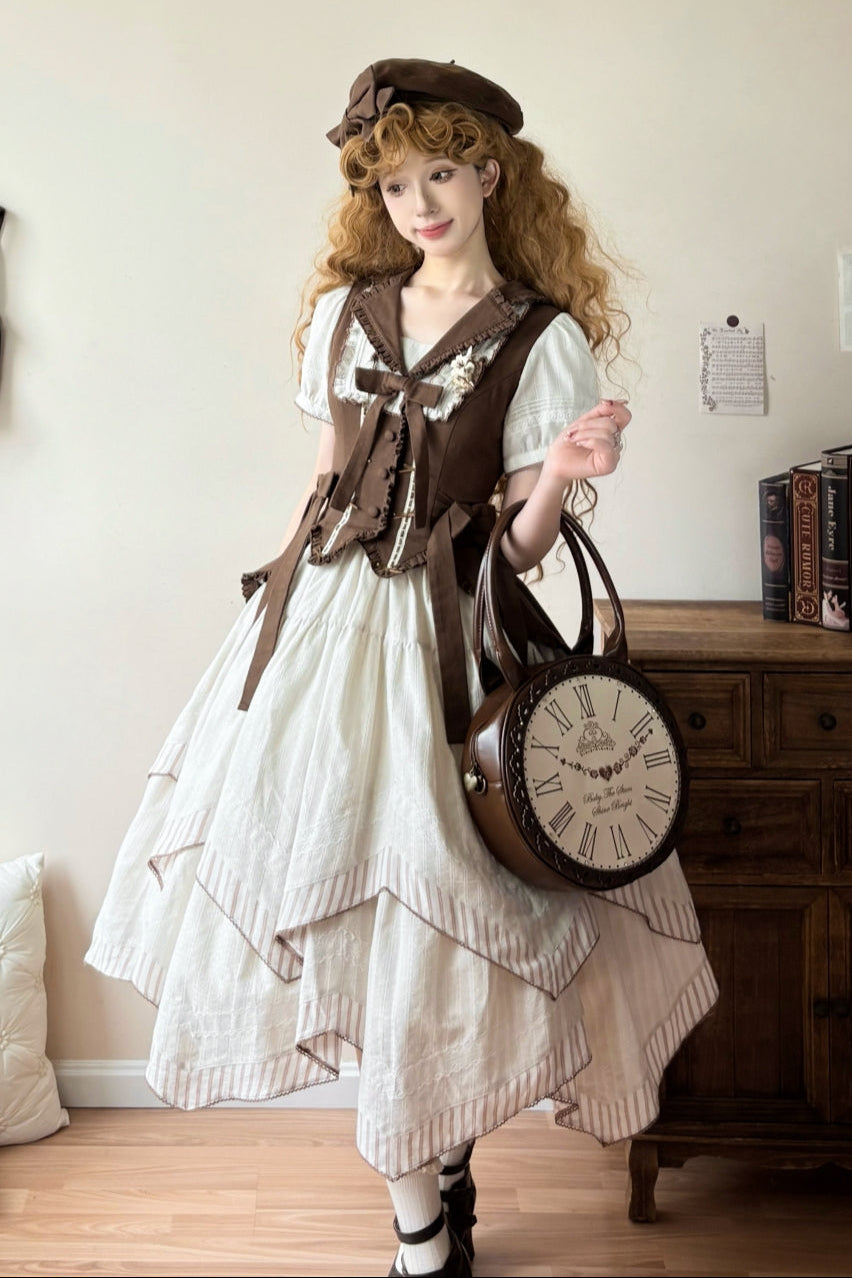 【10月14日予約締切】Brown Vintage Classic Lolita Puff Sleeve Ribbon Frill Collar Handkerchief Hem Bustier Layered Dress + Detachable Sleeves + Ribbon KC + Hair Clip