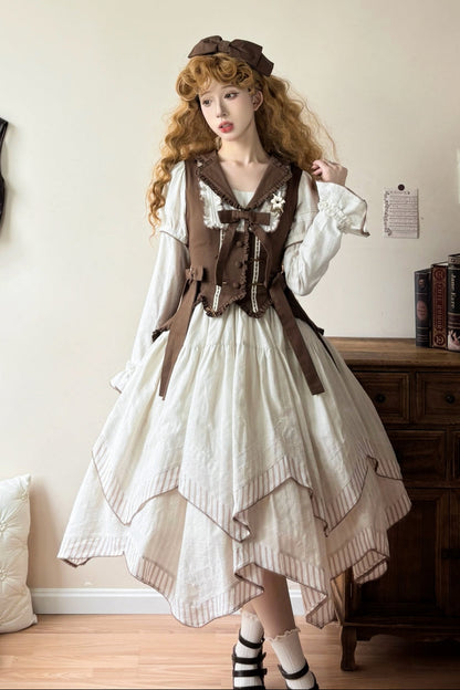【10月14日予約締切】Brown Vintage Classic Lolita Puff Sleeve Ribbon Frill Collar Handkerchief Hem Bustier Layered Dress + Detachable Sleeves + Ribbon KC + Hair Clip