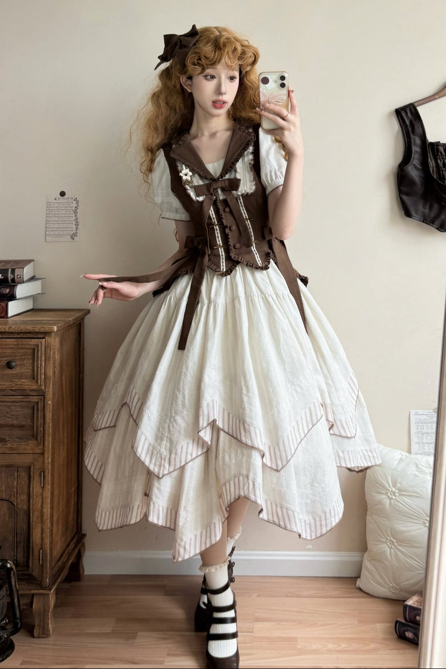 【10月14日予約締切】Brown Vintage Classic Lolita Puff Sleeve Ribbon Frill Collar Handkerchief Hem Bustier Layered Dress + Detachable Sleeves + Ribbon KC + Hair Clip