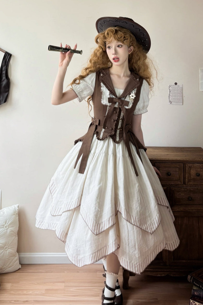 【10月14日予約締切】Brown Vintage Classic Lolita Puff Sleeve Ribbon Frill Collar Handkerchief Hem Bustier Layered Dress + Detachable Sleeves + Ribbon KC + Hair Clip