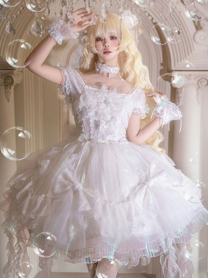 [Reservierungsschluss 1. August] Blau/Weiß/Lila Quallen-Feen-Lolita-Kleid mit Schleifen und Aurora-Schleppe