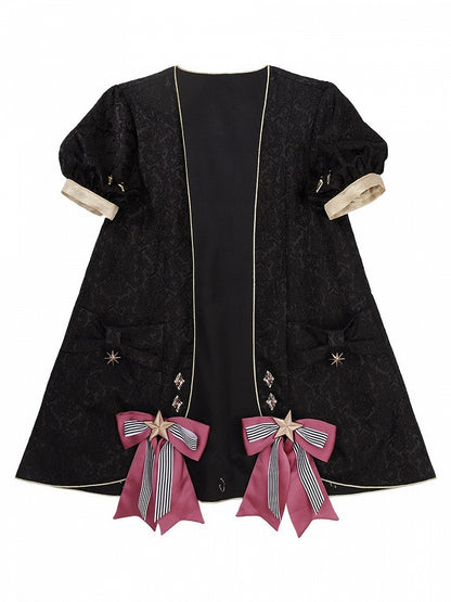 【10月13日予約締切】Magic Academy Starry Diamond Pendant Bow Lolita Dress + Black Lace Trim Bow Puff Sleeve Jacket + Detachable Star Embroidery Ribbon Frill Collar + Full Set