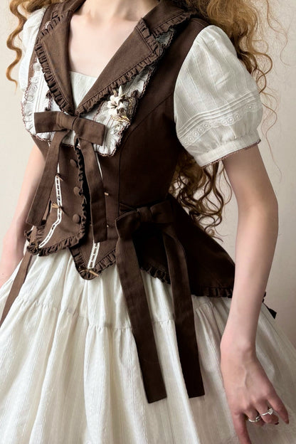 【10月14日予約締切】Brown Vintage Classic Lolita Puff Sleeve Ribbon Frill Collar Handkerchief Hem Bustier Layered Dress + Detachable Sleeves + Ribbon KC + Hair Clip