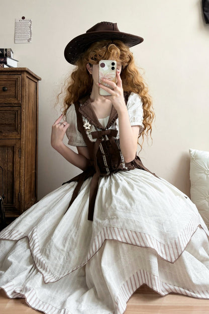 【10月14日予約締切】Brown Vintage Classic Lolita Puff Sleeve Ribbon Frill Collar Handkerchief Hem Bustier Layered Dress + Detachable Sleeves + Ribbon KC + Hair Clip