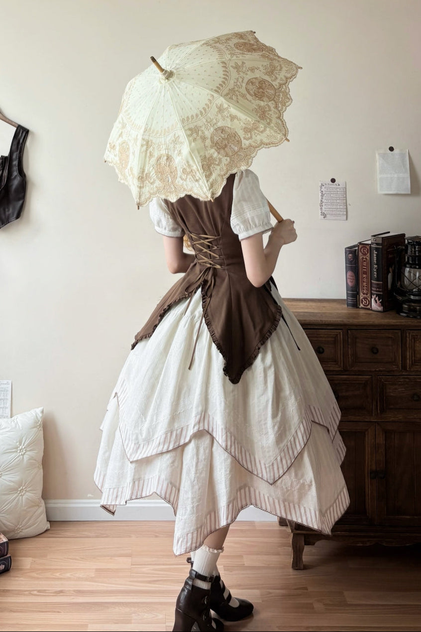 【10月14日予約締切】Brown Vintage Classic Lolita Puff Sleeve Ribbon Frill Collar Handkerchief Hem Bustier Layered Dress + Detachable Sleeves + Ribbon KC + Hair Clip