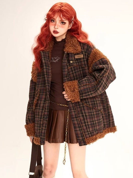 11SH97 vintage checked lamb wool coat women's autumn/winter design sense paneled lapels loose thermal top