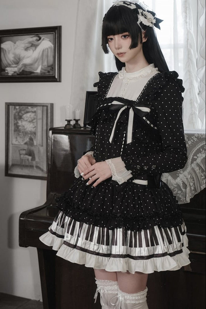 [Date limite de réservation : 22 octobre] Robe de poupée taille basse gothique Lolita à pois/noire avec touches de piano, nœud à volants