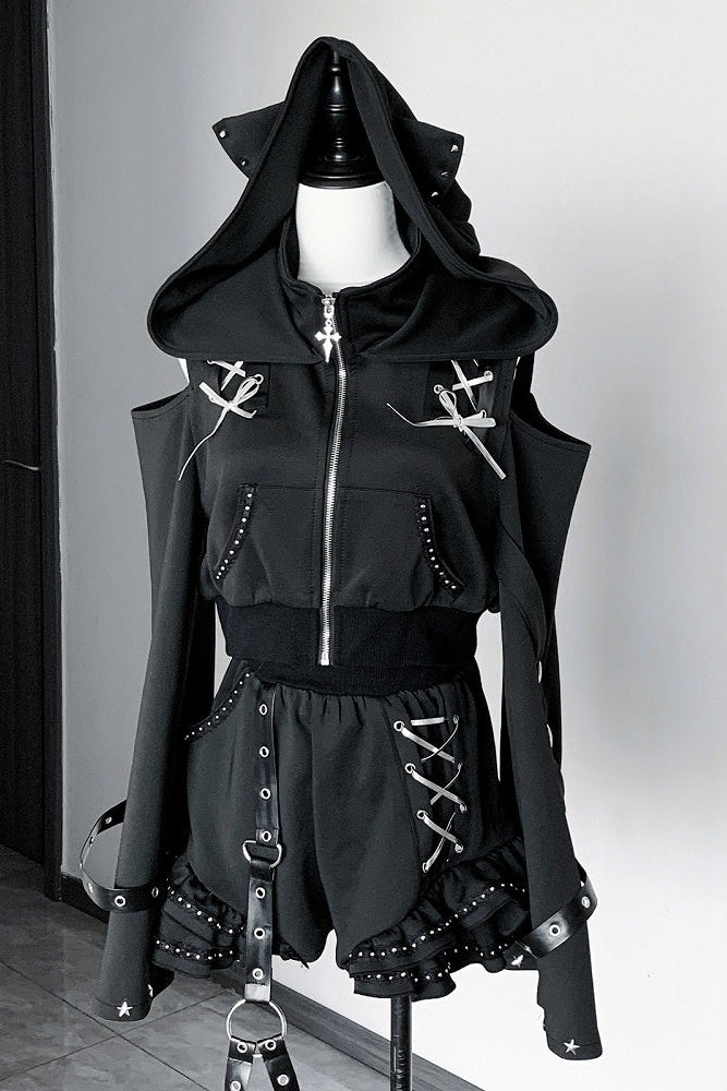 [Vorbestellungsartikel] Glänzende und mattschwarze Gothic-Cyber-Katzenohren-Kapuzenjacke mit freien Schultern und Reißverschluss+kurze Hose mit Beinringen im Set