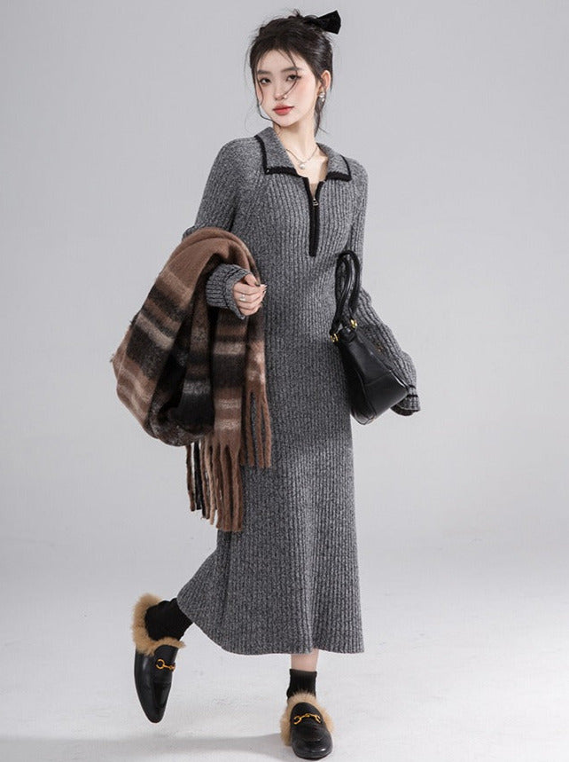 Luxembourg Mix Pattern Grey Wool Knit Dress