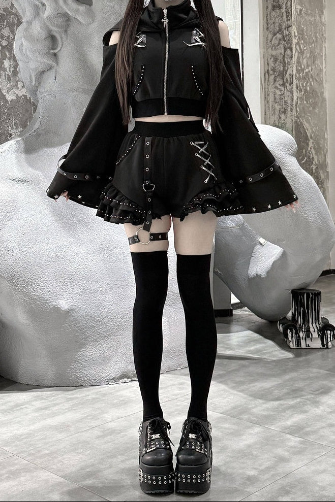 [Vorbestellungsartikel] Glänzende und mattschwarze Gothic-Cyber-Katzenohren-Kapuzenjacke mit freien Schultern und Reißverschluss+kurze Hose mit Beinringen im Set