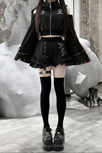 [Vorbestellungsartikel] Glänzende und mattschwarze Gothic-Cyber-Katzenohren-Kapuzenjacke mit freien Schultern und Reißverschluss+kurze Hose mit Beinringen im Set